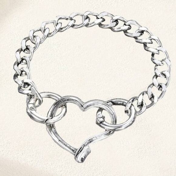 Stainless Steel Heart Bracelet Chain Link Boho Hammered Statement Piece - Picture 2 of 6